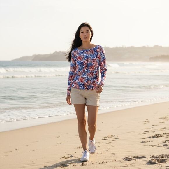 Talbots Medium Cotton Lightweight Sweater Orange Blue Coral Pattern Long Sleeve - Picture 1 of 9